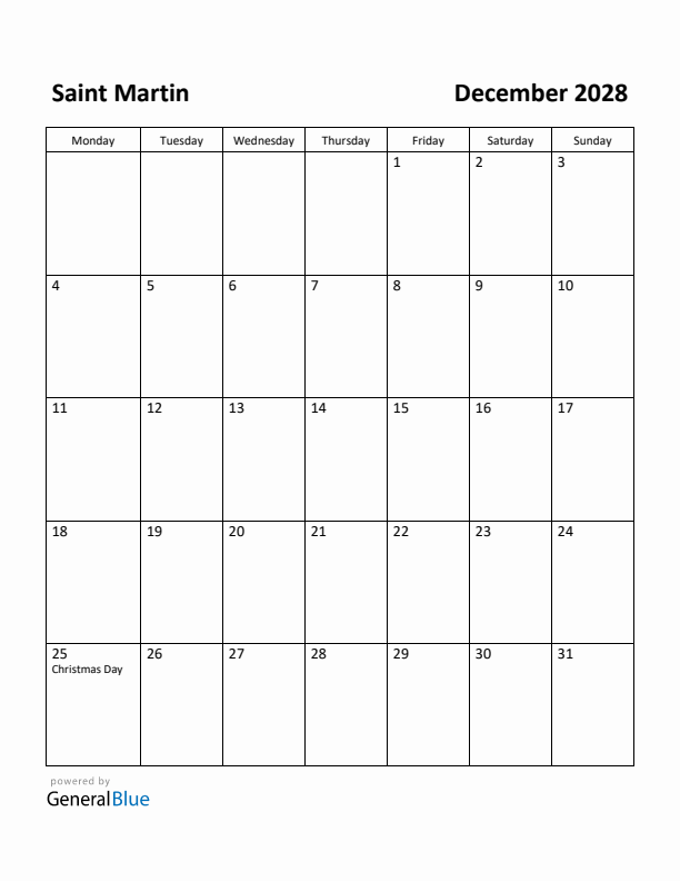 December 2028 Calendar with Saint Martin Holidays