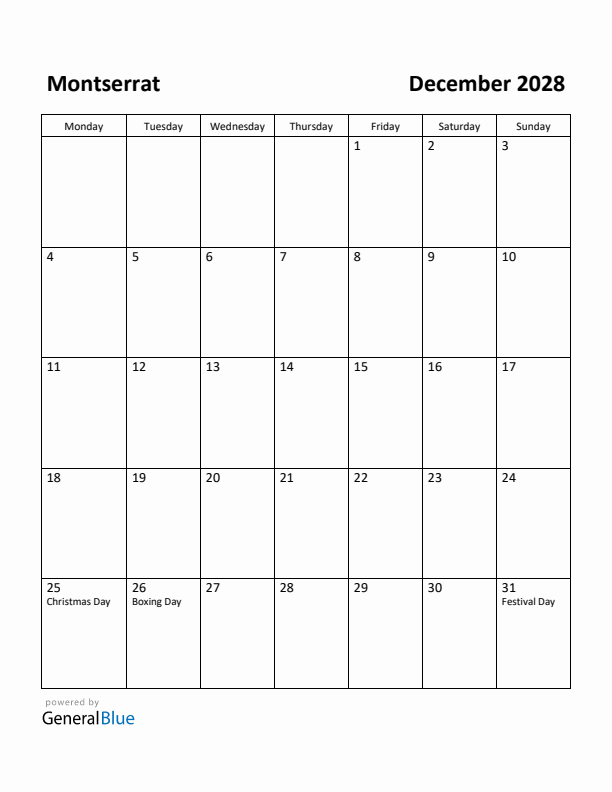 December 2028 Calendar with Montserrat Holidays