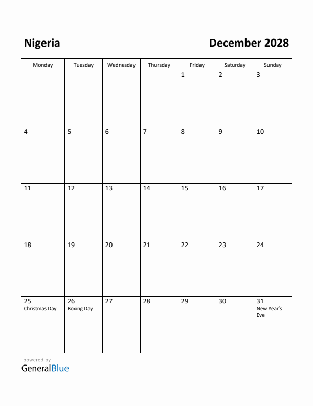December 2028 Calendar with Nigeria Holidays