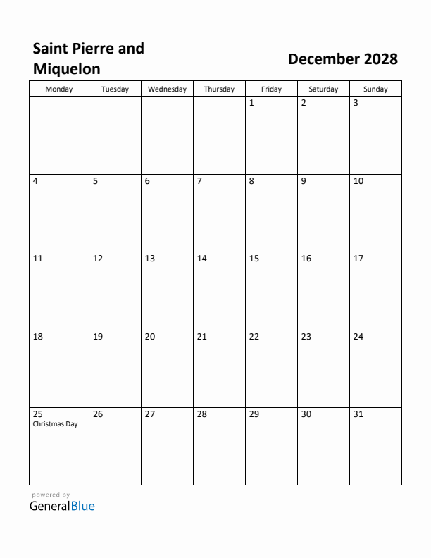 December 2028 Calendar with Saint Pierre and Miquelon Holidays