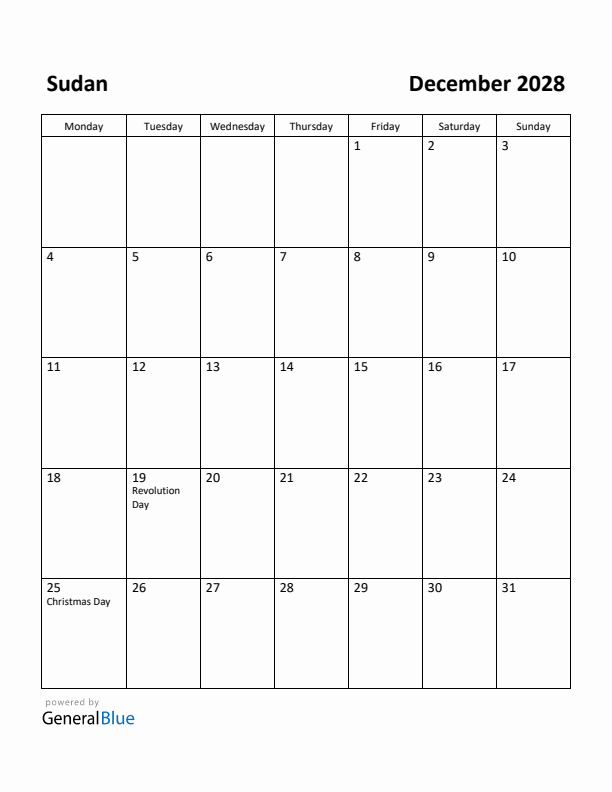 December 2028 Calendar with Sudan Holidays