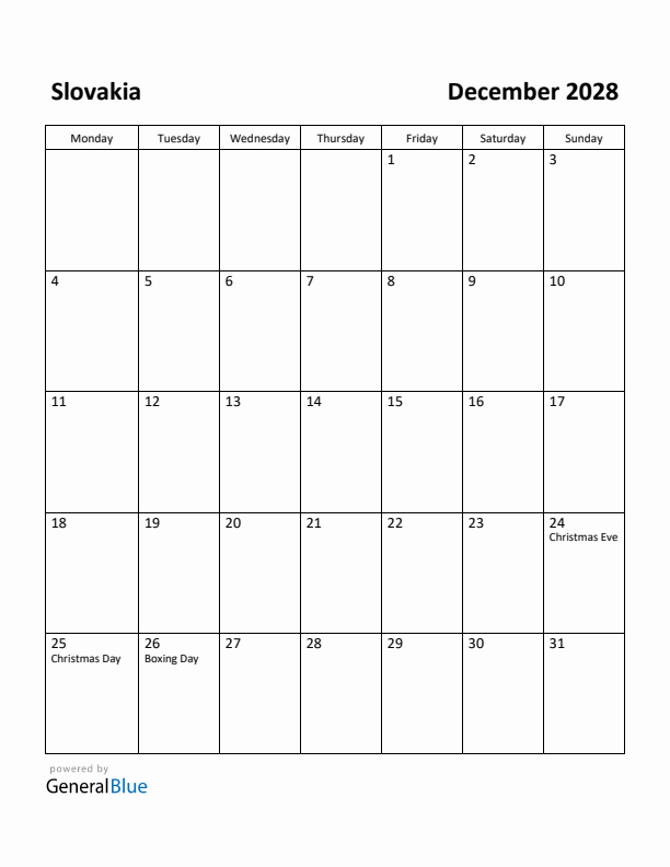 December 2028 Calendar with Slovakia Holidays