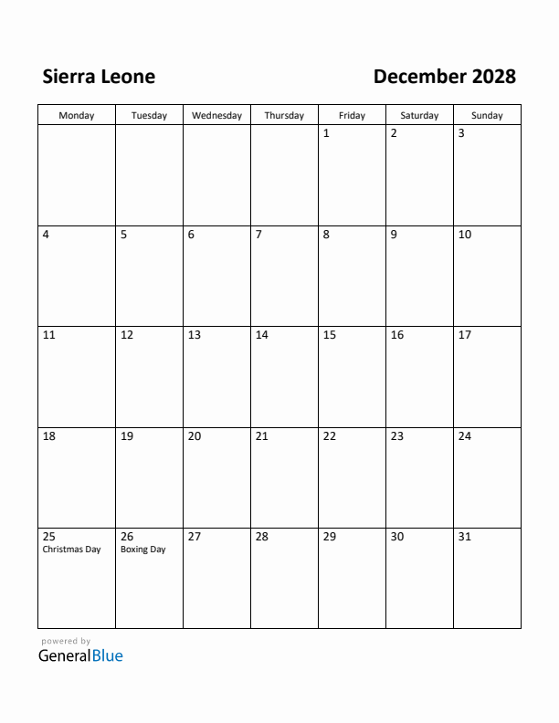 December 2028 Calendar with Sierra Leone Holidays