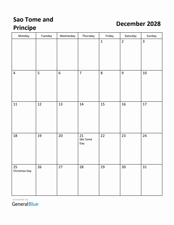 December 2028 Calendar with Sao Tome and Principe Holidays