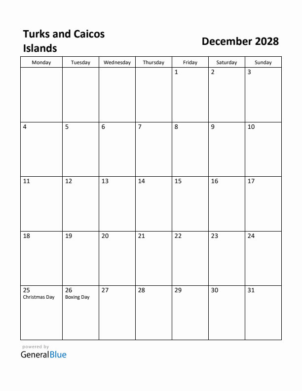 December 2028 Calendar with Turks and Caicos Islands Holidays