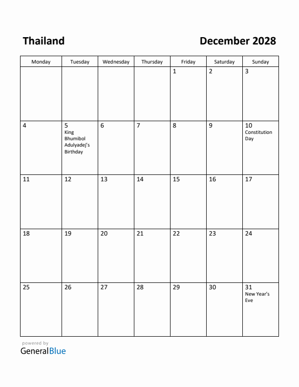 December 2028 Calendar with Thailand Holidays