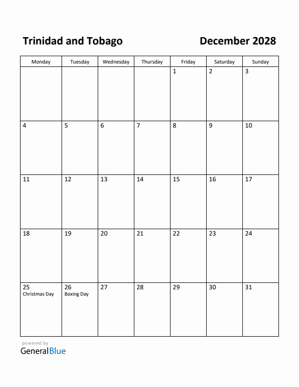 December 2028 Calendar with Trinidad and Tobago Holidays