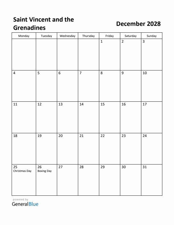 December 2028 Calendar with Saint Vincent and the Grenadines Holidays