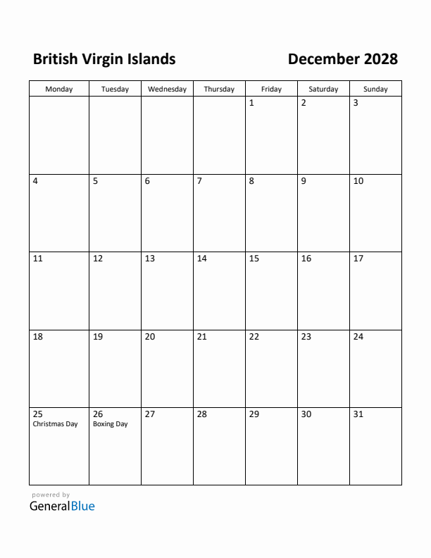 December 2028 Calendar with British Virgin Islands Holidays