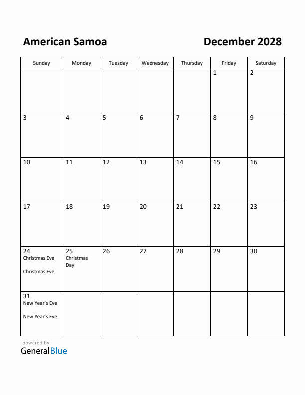 December 2028 Calendar with American Samoa Holidays