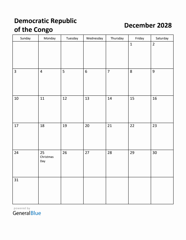 December 2028 Calendar with Democratic Republic of the Congo Holidays