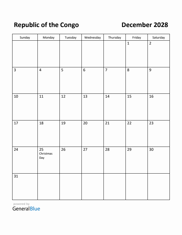 December 2028 Calendar with Republic of the Congo Holidays