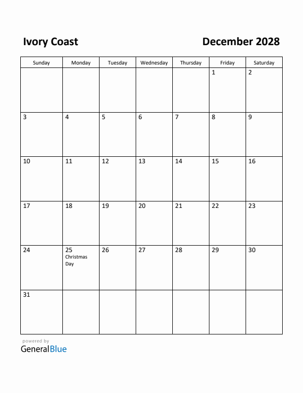 December 2028 Calendar with Ivory Coast Holidays