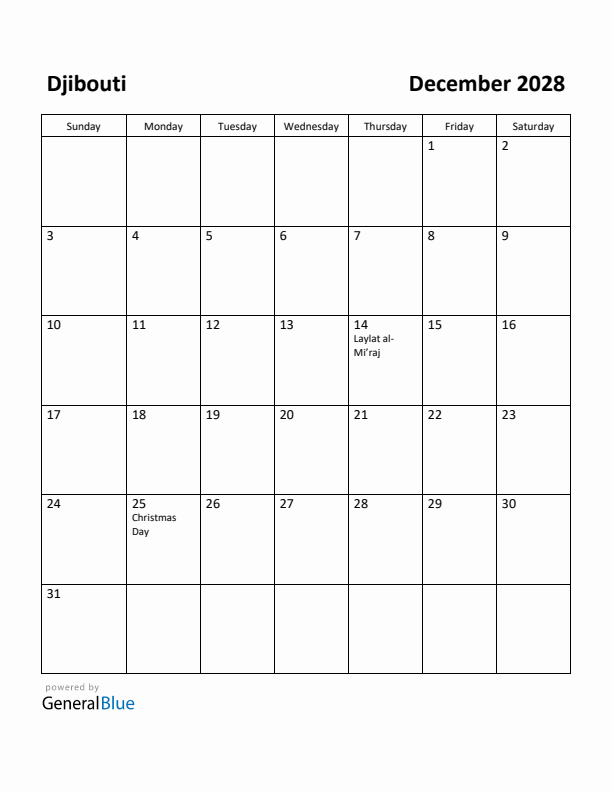 December 2028 Calendar with Djibouti Holidays