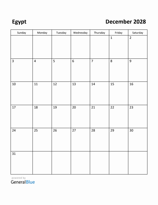 December 2028 Calendar with Egypt Holidays
