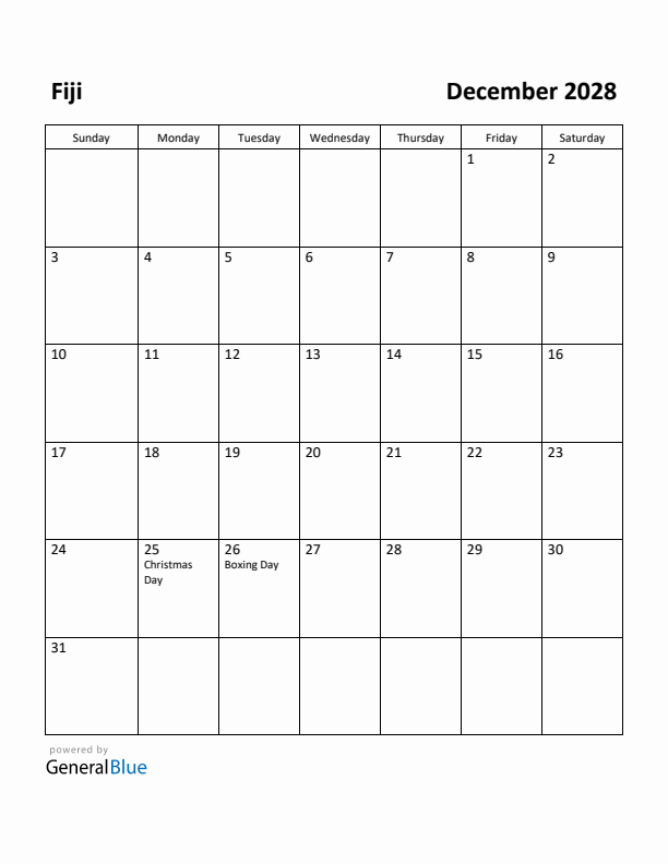 December 2028 Calendar with Fiji Holidays