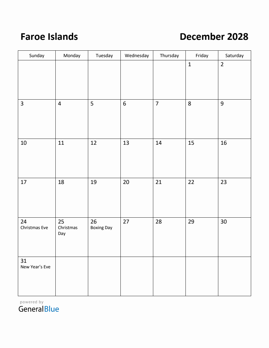 Free Printable December 2028 Calendar for Faroe Islands