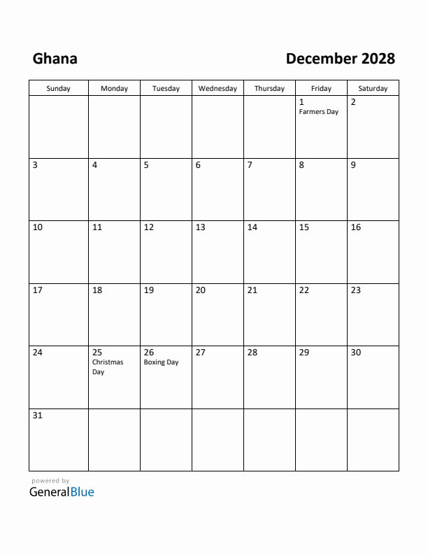 December 2028 Calendar with Ghana Holidays