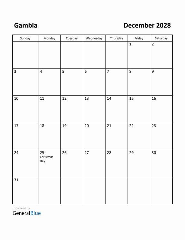December 2028 Calendar with Gambia Holidays