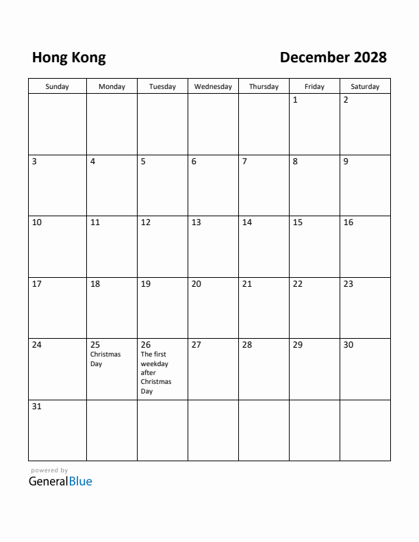 December 2028 Calendar with Hong Kong Holidays