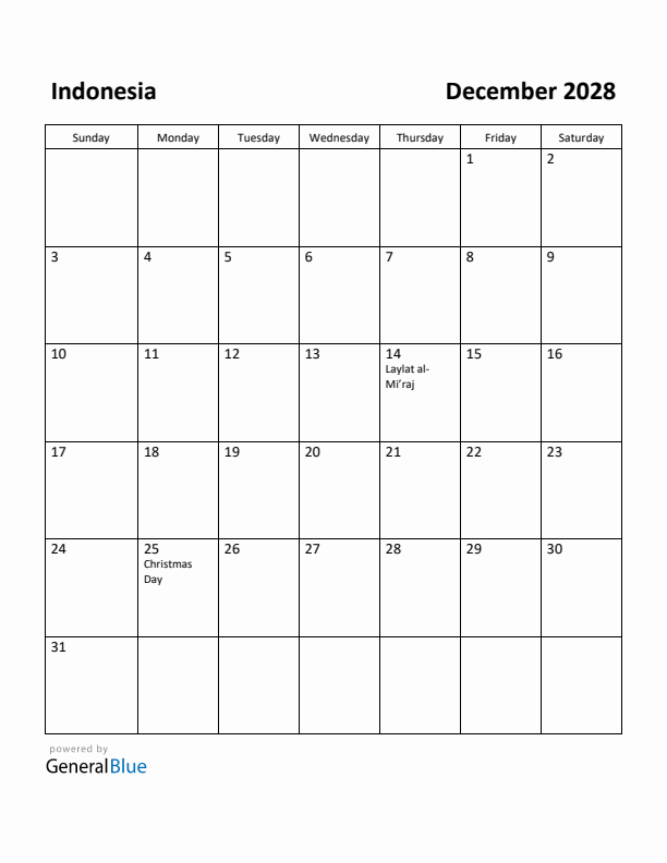 December 2028 Calendar with Indonesia Holidays