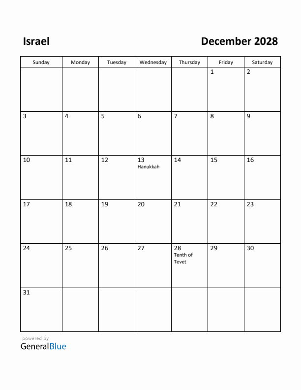 December 2028 Calendar with Israel Holidays