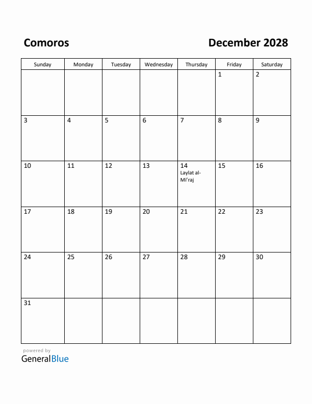 December 2028 Calendar with Comoros Holidays