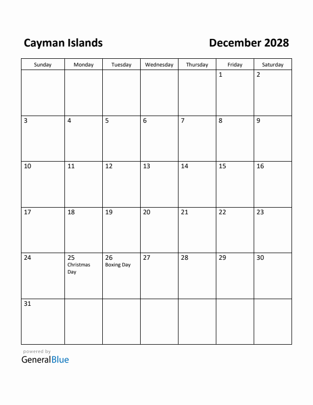 December 2028 Calendar with Cayman Islands Holidays