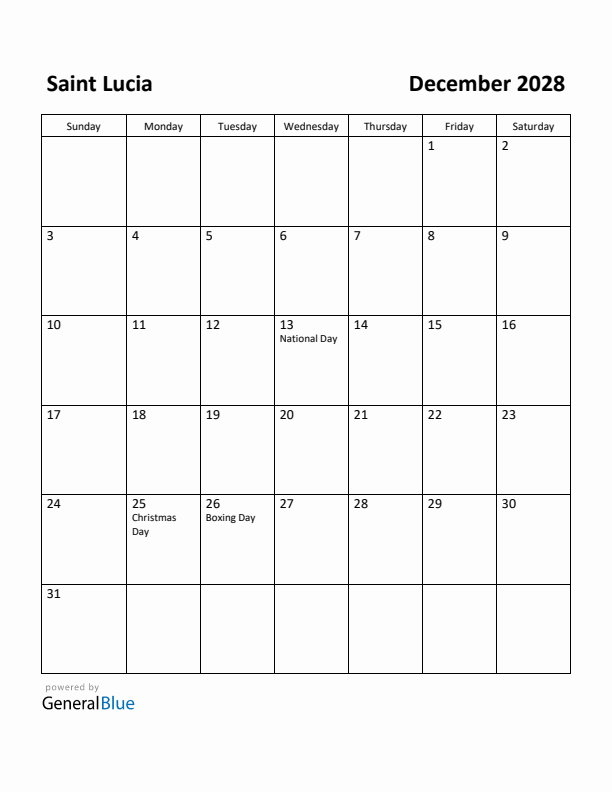 December 2028 Calendar with Saint Lucia Holidays