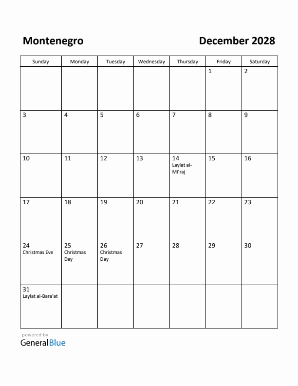 December 2028 Calendar with Montenegro Holidays