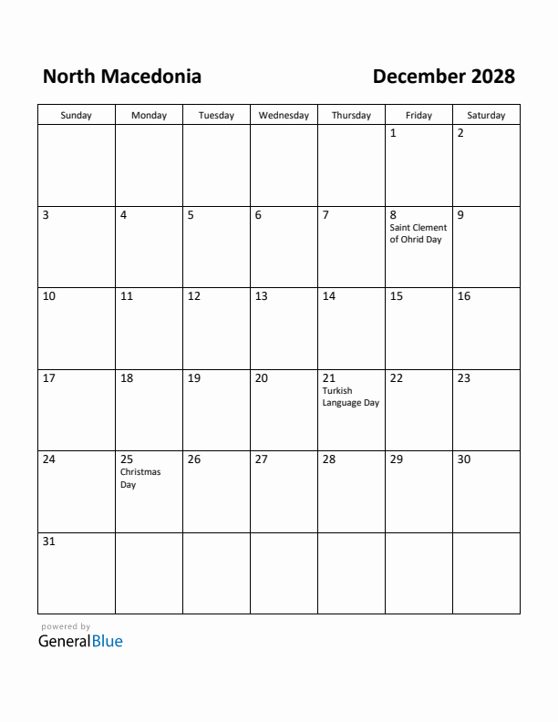December 2028 Calendar with North Macedonia Holidays