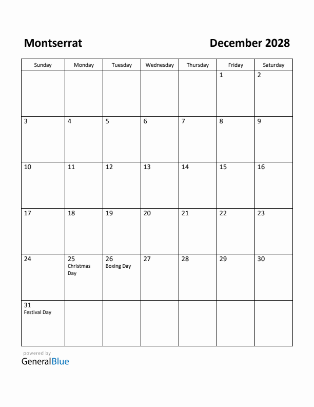 December 2028 Calendar with Montserrat Holidays