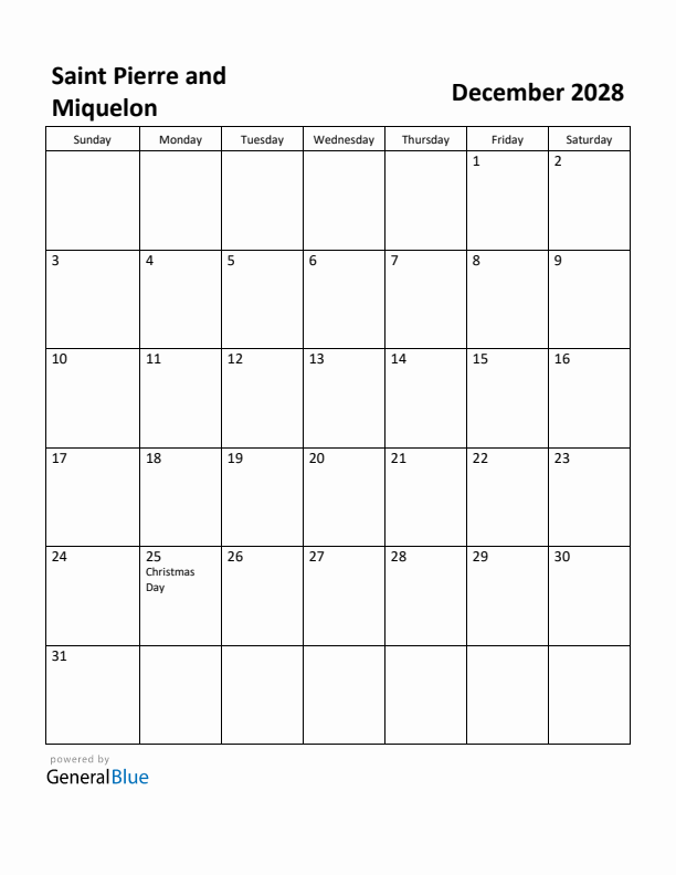 December 2028 Calendar with Saint Pierre and Miquelon Holidays