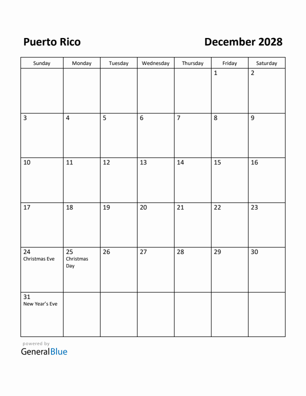 December 2028 Calendar with Puerto Rico Holidays