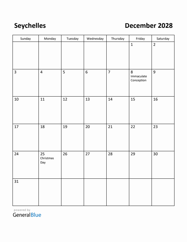 December 2028 Calendar with Seychelles Holidays