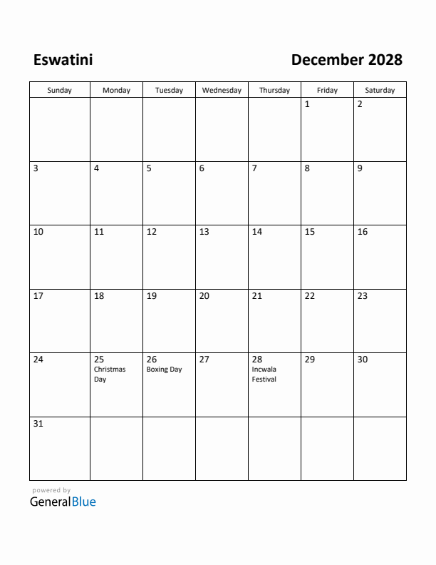 December 2028 Calendar with Eswatini Holidays