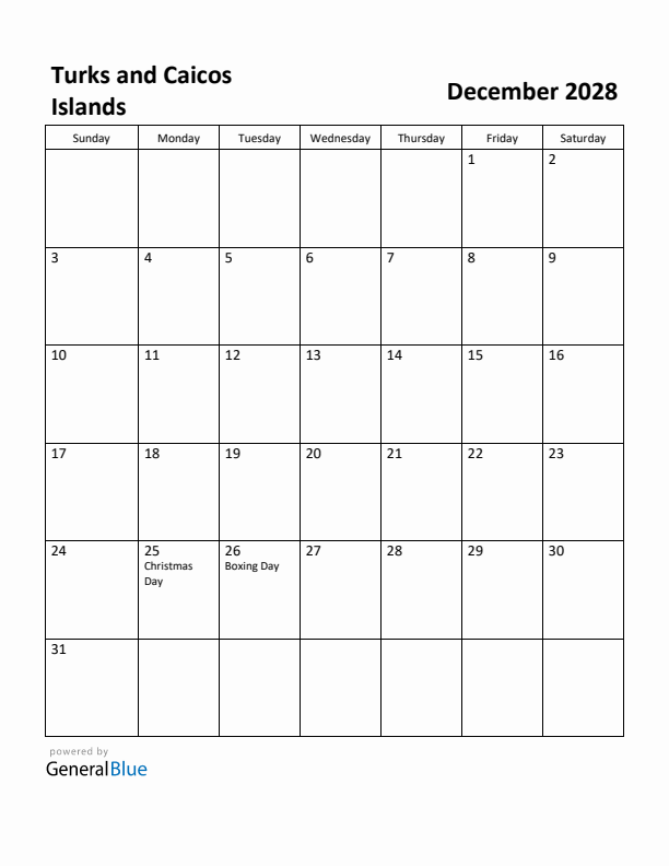 December 2028 Calendar with Turks and Caicos Islands Holidays