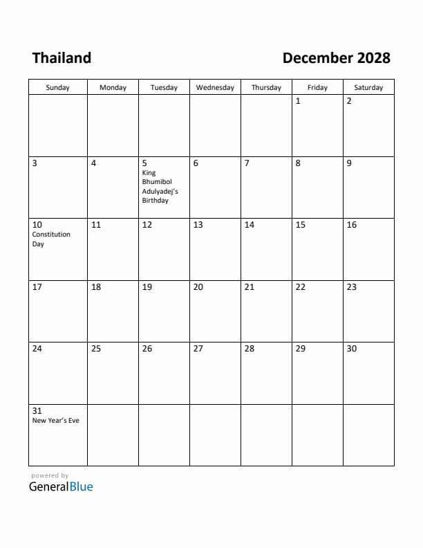 December 2028 Calendar with Thailand Holidays