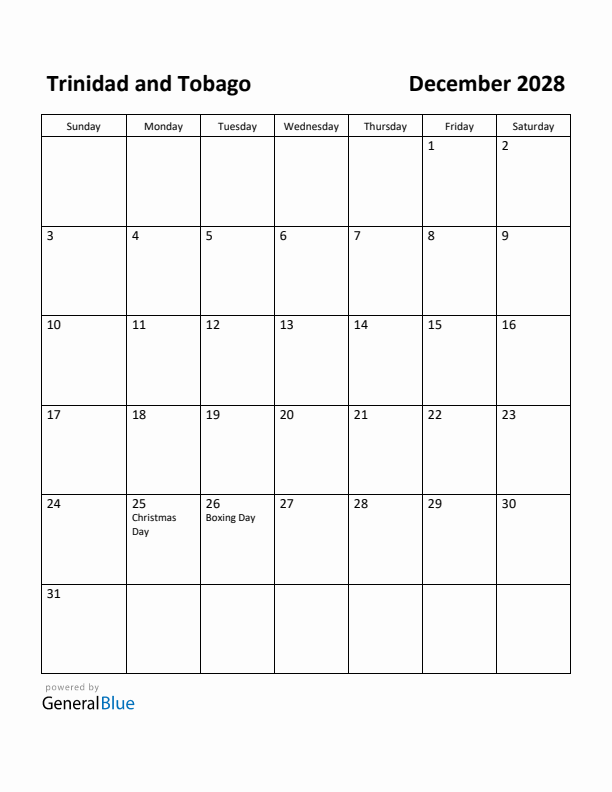 December 2028 Calendar with Trinidad and Tobago Holidays