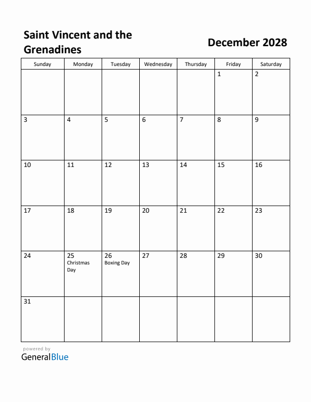 December 2028 Calendar with Saint Vincent and the Grenadines Holidays