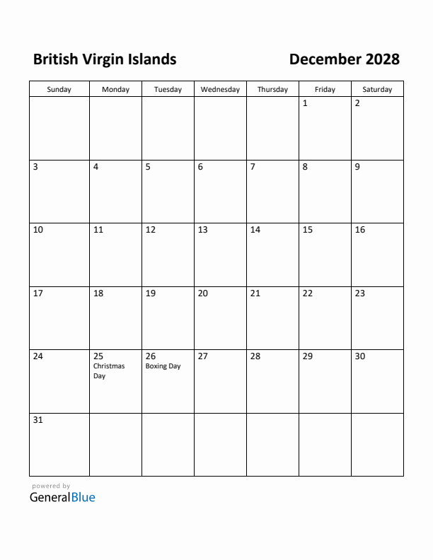 December 2028 Calendar with British Virgin Islands Holidays