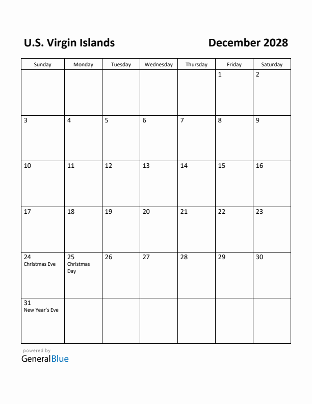 December 2028 Calendar with U.S. Virgin Islands Holidays