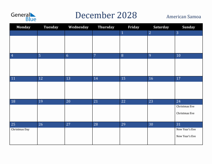 December 2028 American Samoa Calendar (Monday Start)
