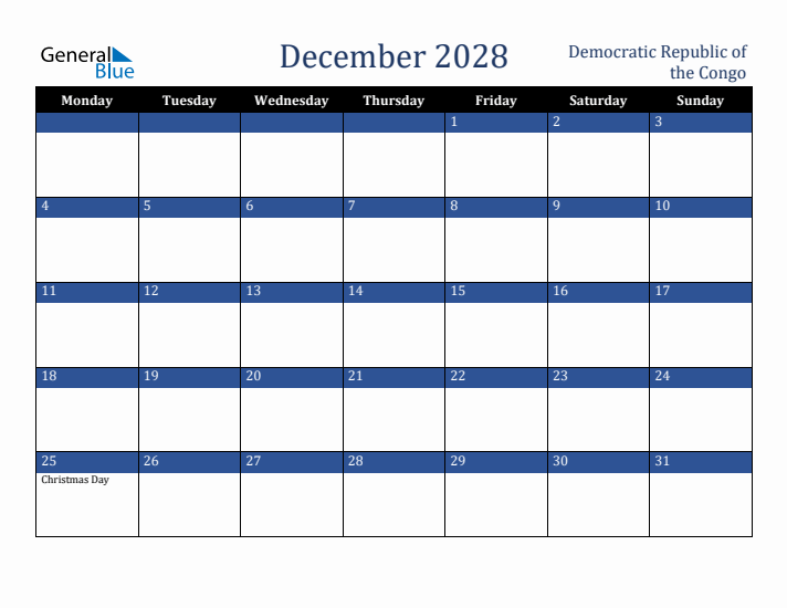 December 2028 Democratic Republic of the Congo Calendar (Monday Start)