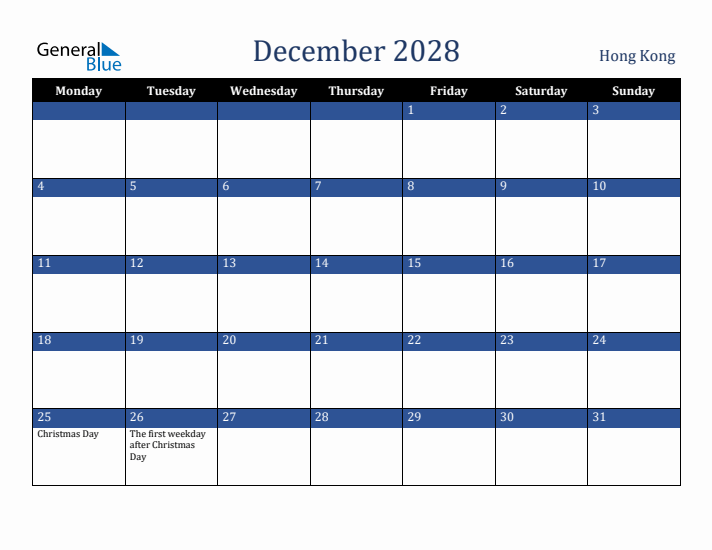 December 2028 Hong Kong Calendar (Monday Start)