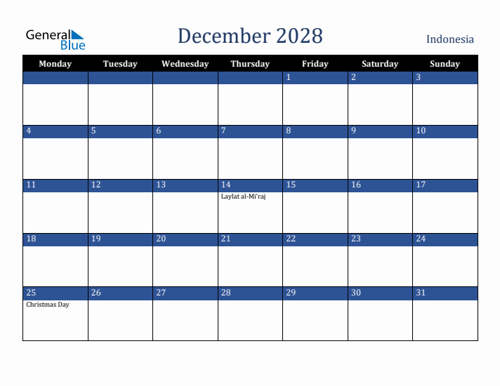 December 2028 Indonesia Calendar (Monday Start)