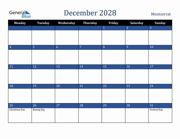 December 2028 Montserrat Calendar (Monday Start)