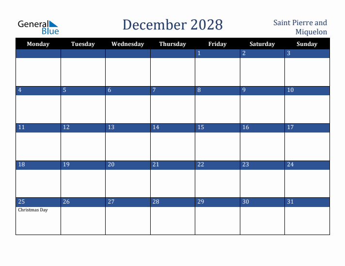 December 2028 Saint Pierre and Miquelon Calendar (Monday Start)
