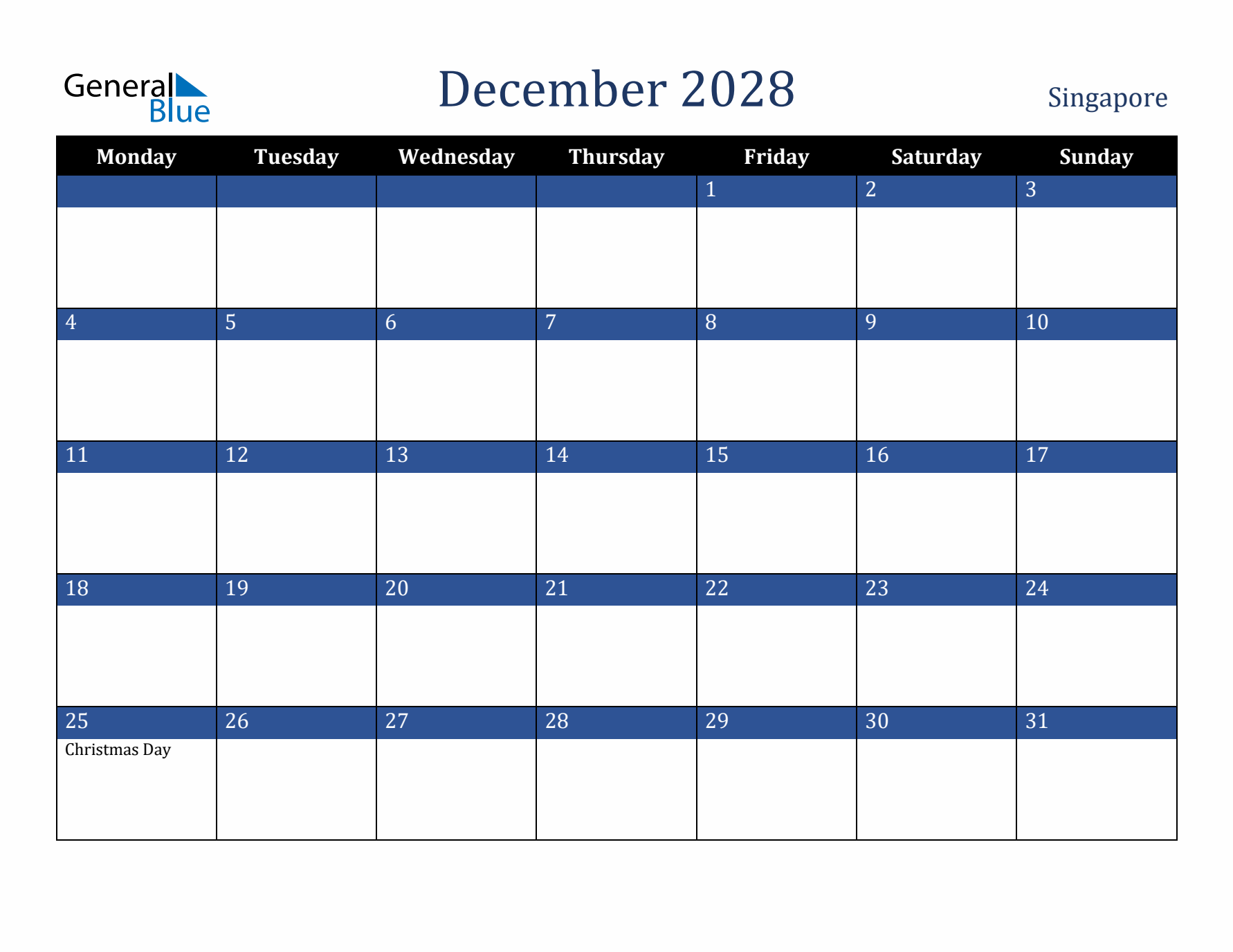 December 2028 Singapore Calendar (Monday Start)