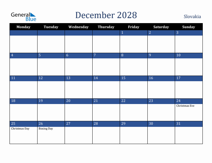 December 2028 Slovakia Calendar (Monday Start)